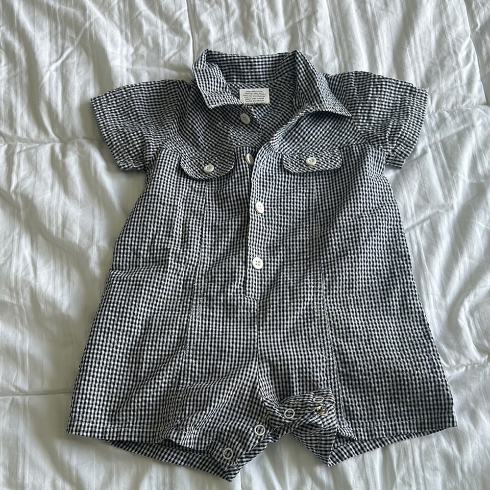 Vintage carters Blue white gingham Baby Romper sz 6-9 months teddy bear
